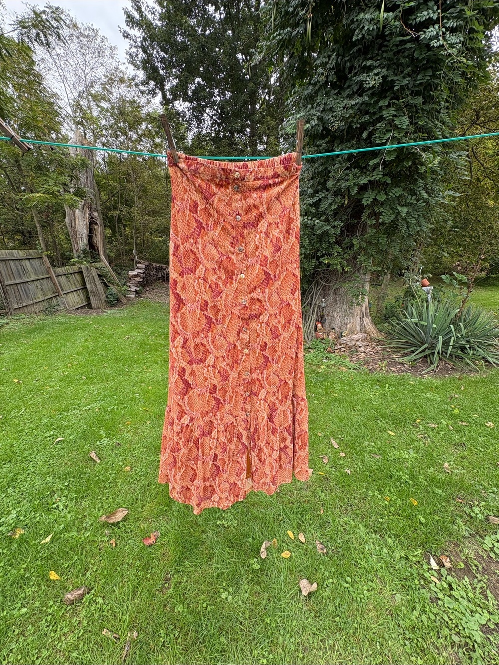 Button-Front Orange Print Maxi Skirt